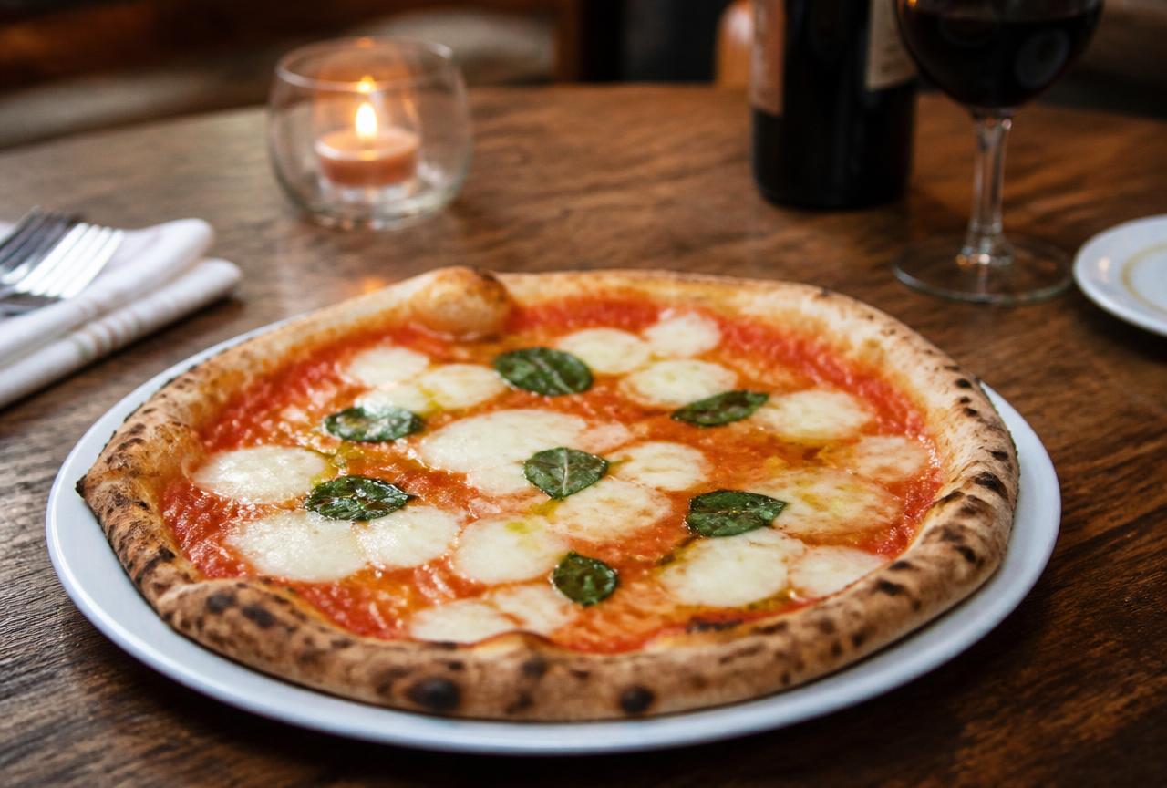 Pizza Margherita mit Fior di Latte, frischem Basilikum und Kirschtomaten