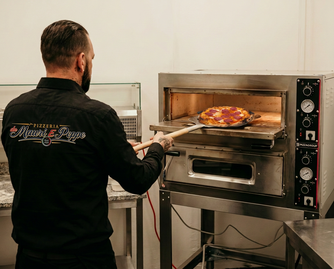 KI-unterstützte Inszenierung: Pizza wird in unseren elektrischen Pizzaofen geschoben