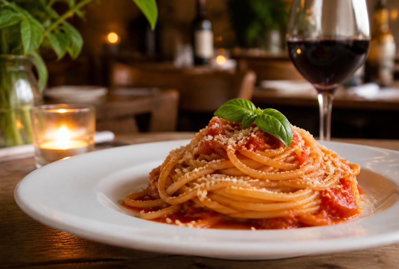 Spaghetti Napoletana in Tomatensauce, seitliche Aufnahme